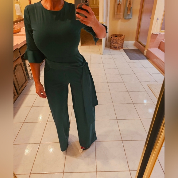 Womens Medium half sleeve Belted green one piece pants jumpsuit - Picture 9 of 9
